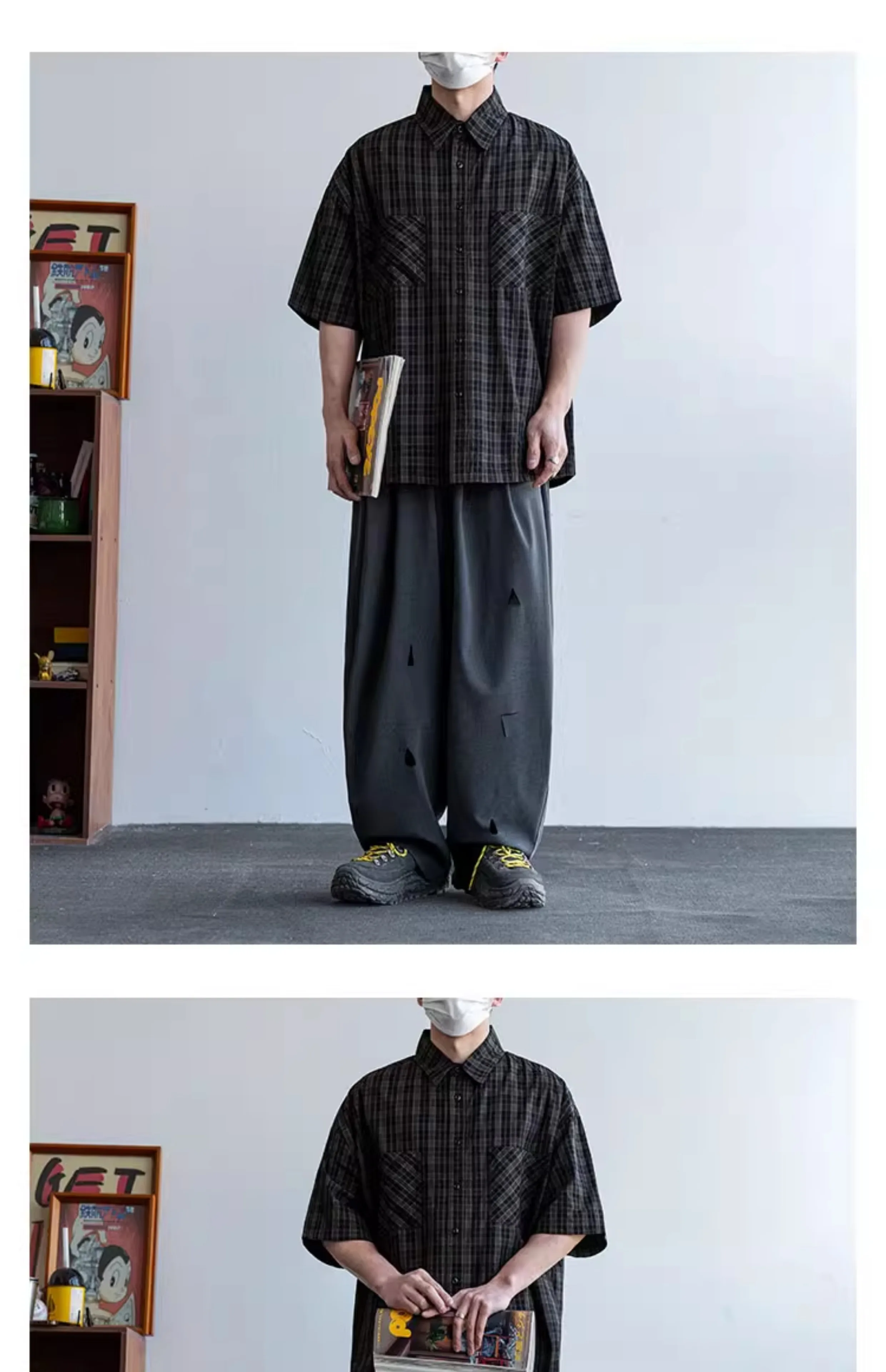 Summer Men Streetwear Fashion Vintage Pure Cotton Plaid Loose Casual Oversize Short Sleeve Cargo Shirt Cityboy Blouses