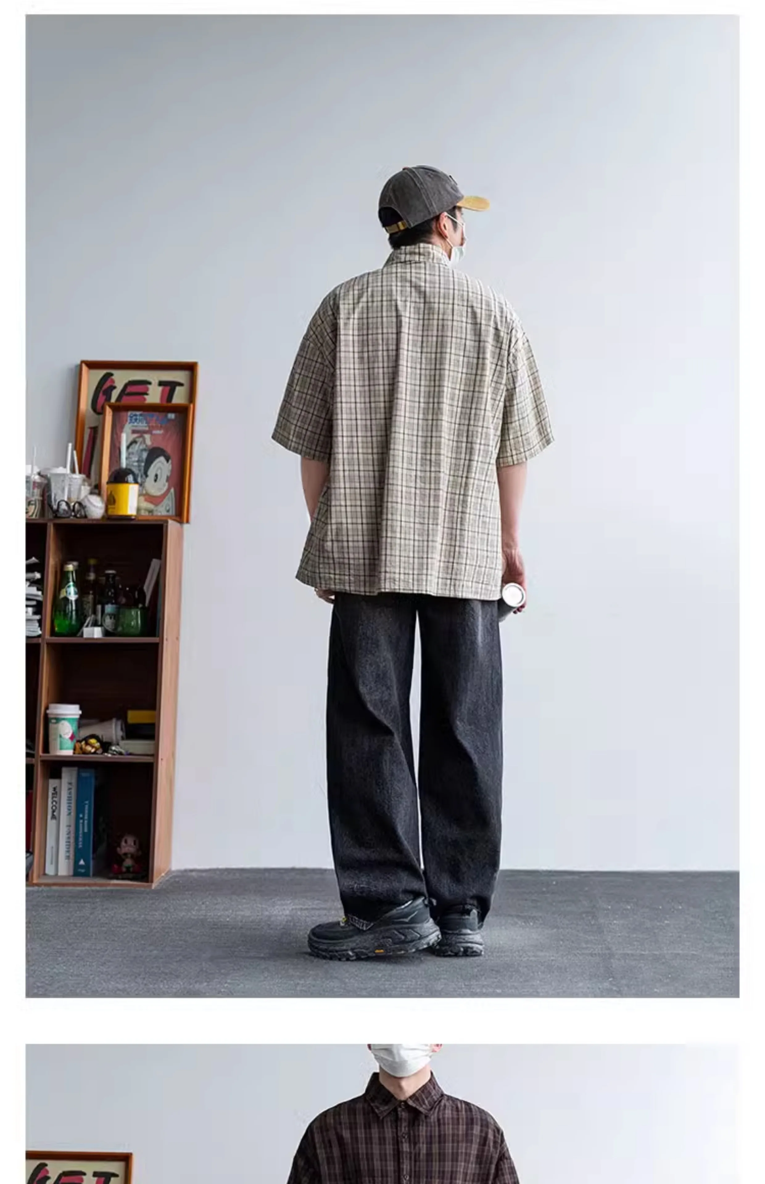 Summer Men Streetwear Fashion Vintage Pure Cotton Plaid Loose Casual Oversize Short Sleeve Cargo Shirt Cityboy Blouses