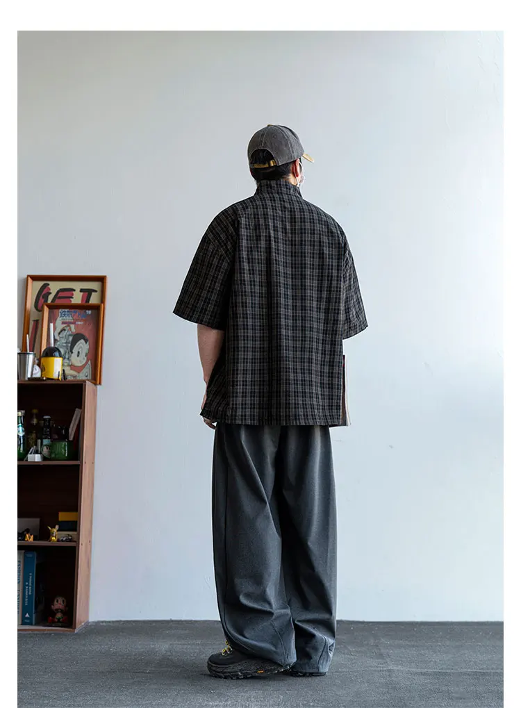 Summer Men Streetwear Fashion Vintage Pure Cotton Plaid Loose Casual Oversize Short Sleeve Cargo Shirt Cityboy Blouses