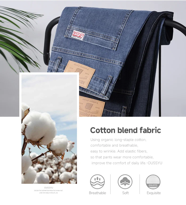 OUSSYU Brand Classic Retro Men's Jeans Loose Straight Denim Pants Work Streetwear Baggy Stretch Business All Seasons Trousers