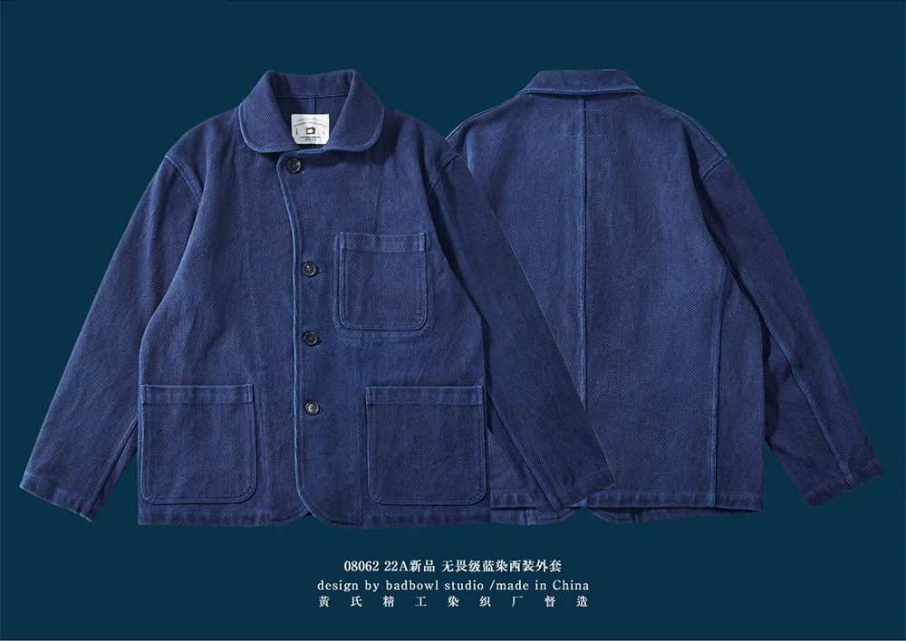 Heavy Weight Indigo Jacket Men Autumn Winter Vintage Workwear Tooling Jacket Blue Dyed Kendo Fabric Multi-pocket Cardgian Coat