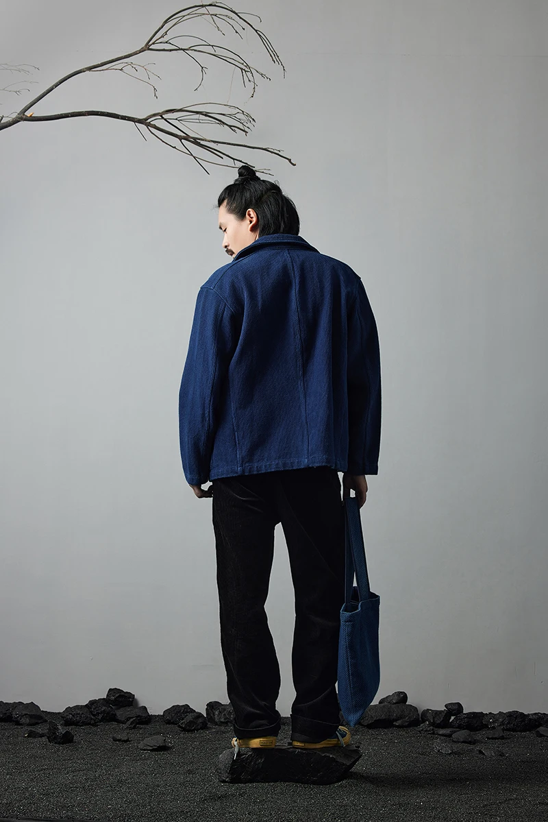 Heavy Weight Indigo Jacket Men Autumn Winter Vintage Workwear Tooling Jacket Blue Dyed Kendo Fabric Multi-pocket Cardgian Coat