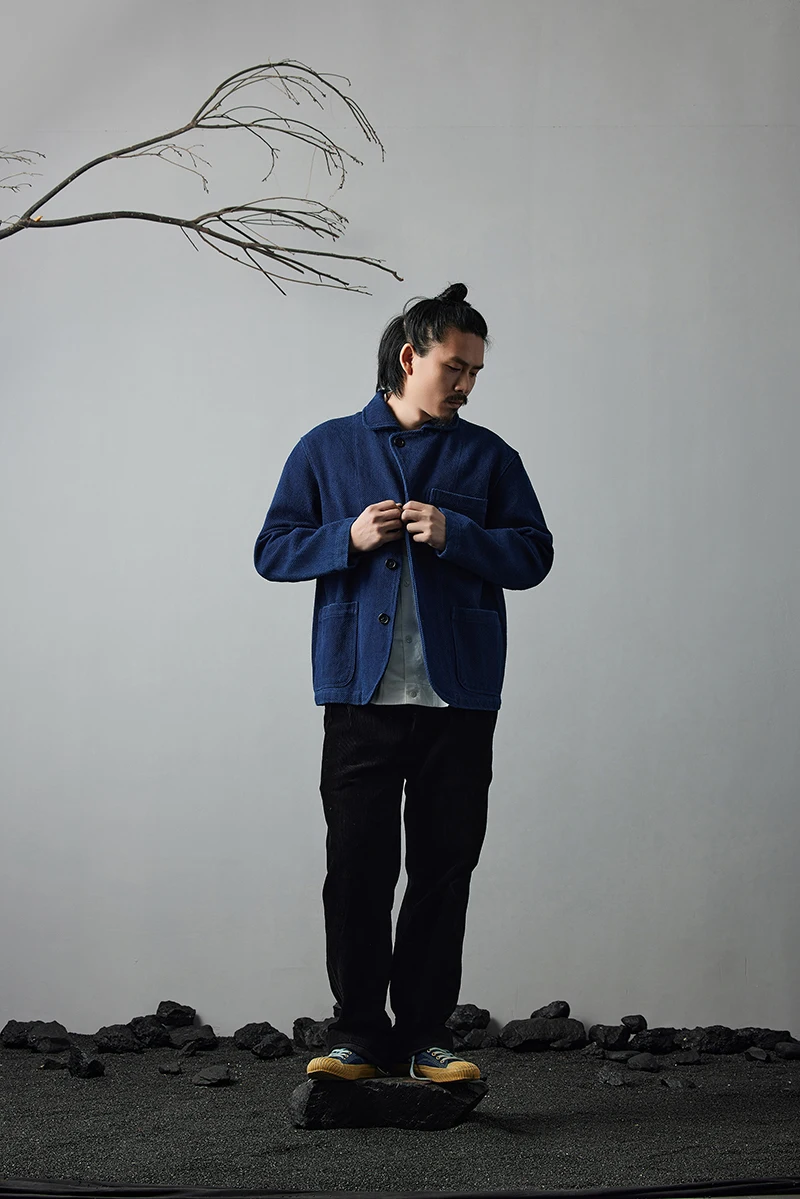 Heavy Weight Indigo Jacket Men Autumn Winter Vintage Workwear Tooling Jacket Blue Dyed Kendo Fabric Multi-pocket Cardgian Coat