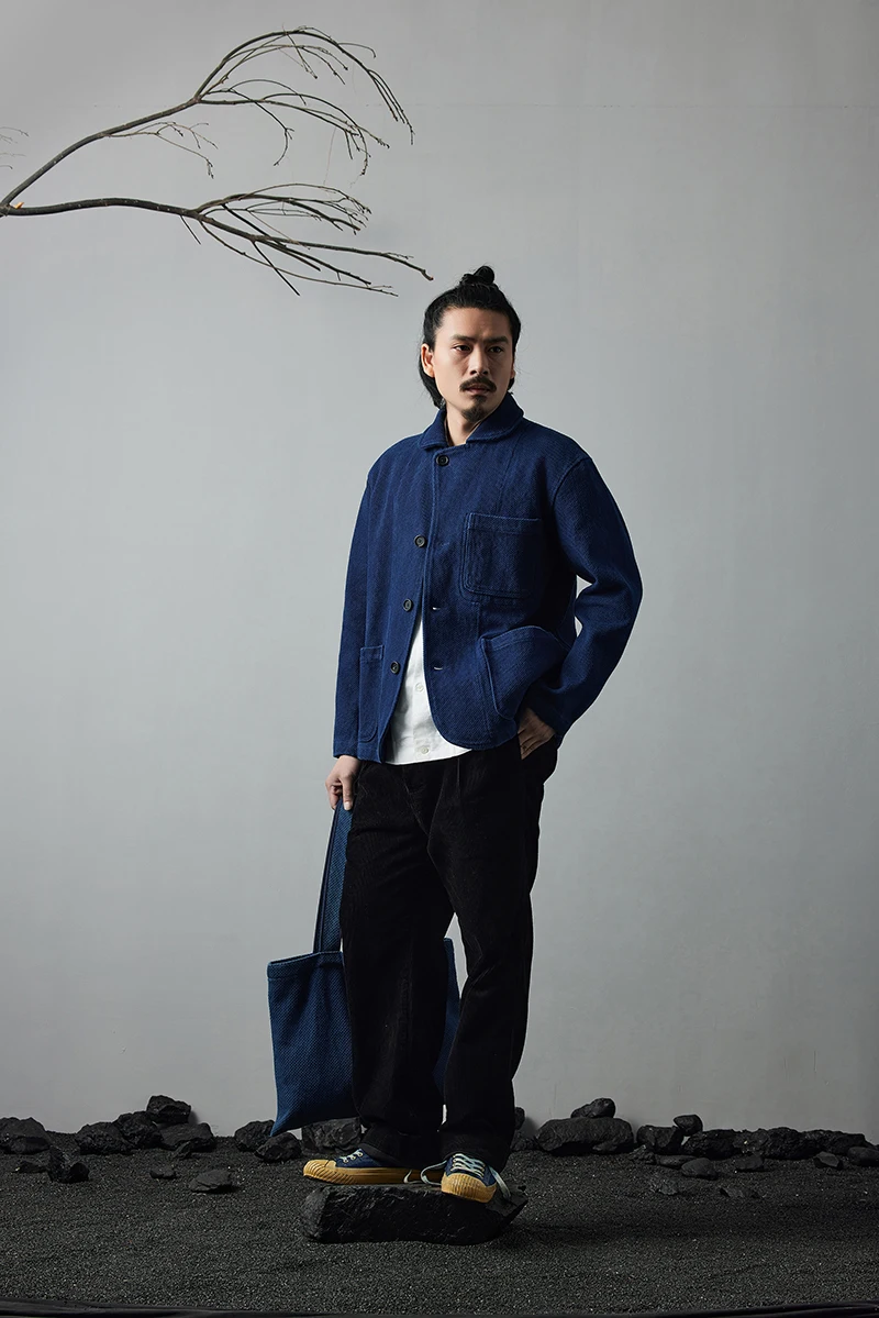 Heavy Weight Indigo Jacket Men Autumn Winter Vintage Workwear Tooling Jacket Blue Dyed Kendo Fabric Multi-pocket Cardgian Coat