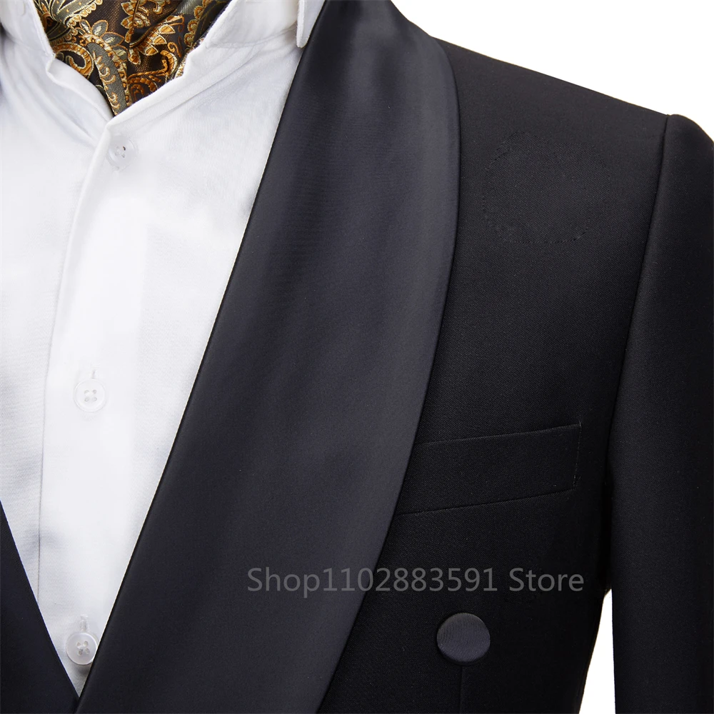 New 2026 Men Suit Black Satin Lapel Tuxedo 2 Pieces Double Breasted Wedding Shawl Lapel Party Costume Groom Male Wear