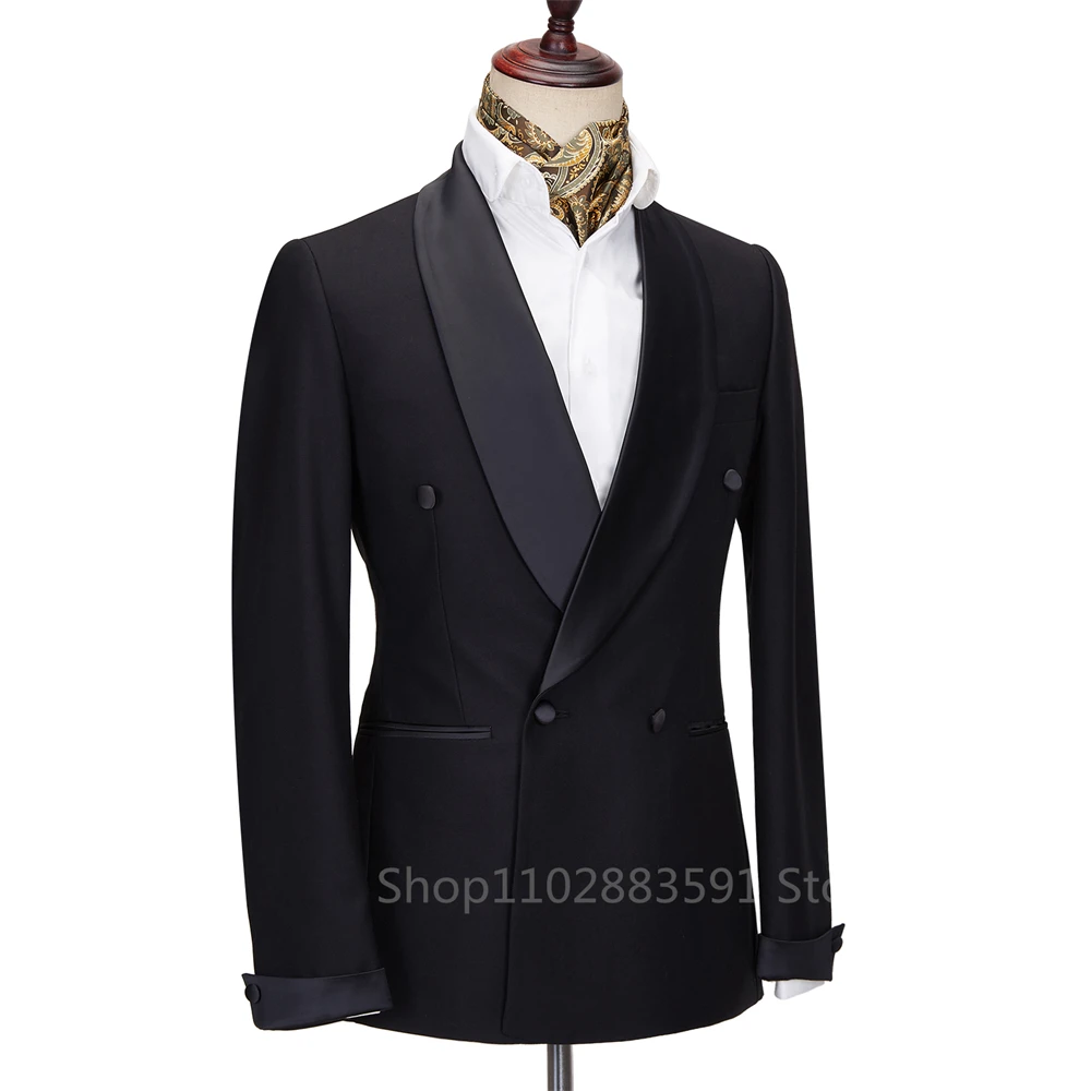 New 2026 Men Suit Black Satin Lapel Tuxedo 2 Pieces Double Breasted Wedding Shawl Lapel Party Costume Groom Male Wear