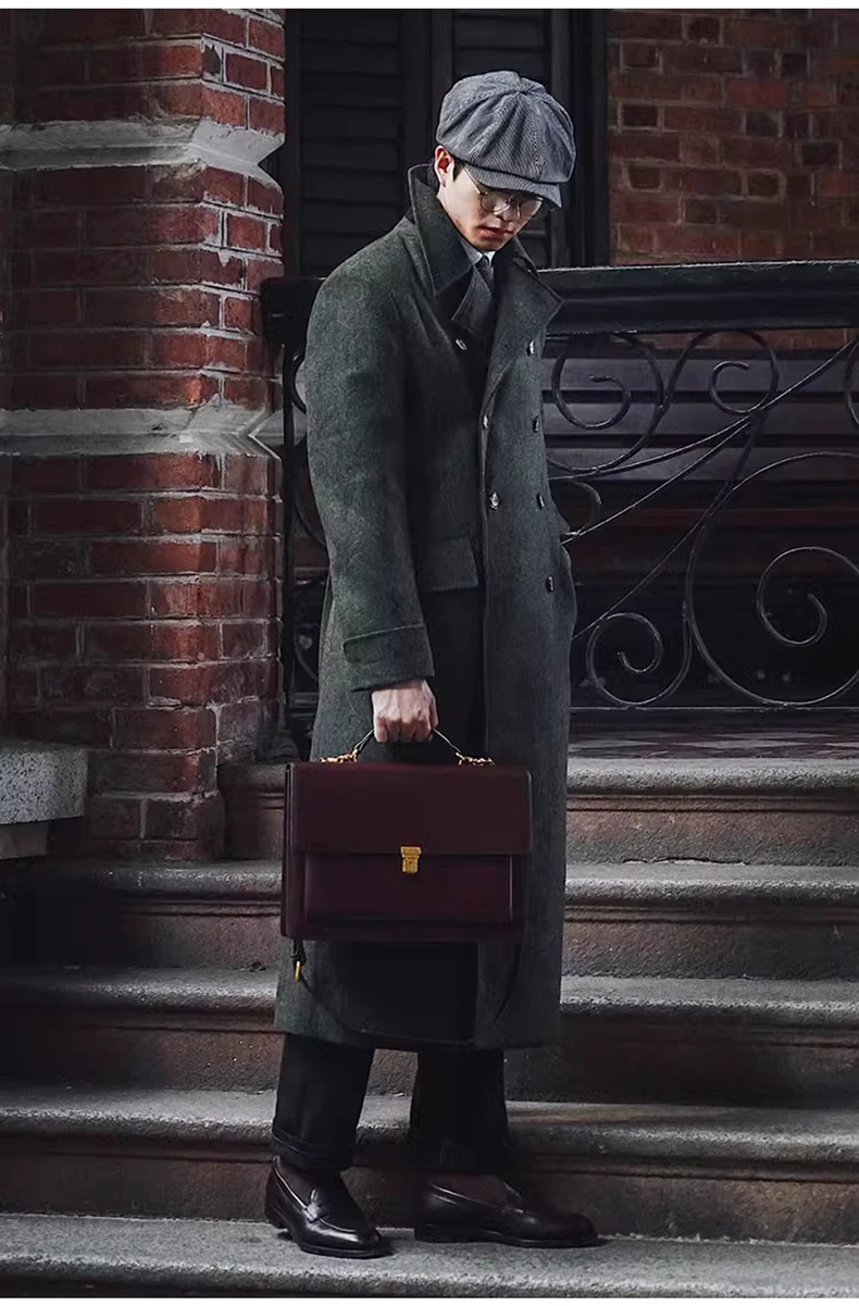Mauroicardi Autumn Winter Long Warm Green Polo Coat Men Double Breasted Cool Luxury Elegant England Style Wool Blends Overcoat