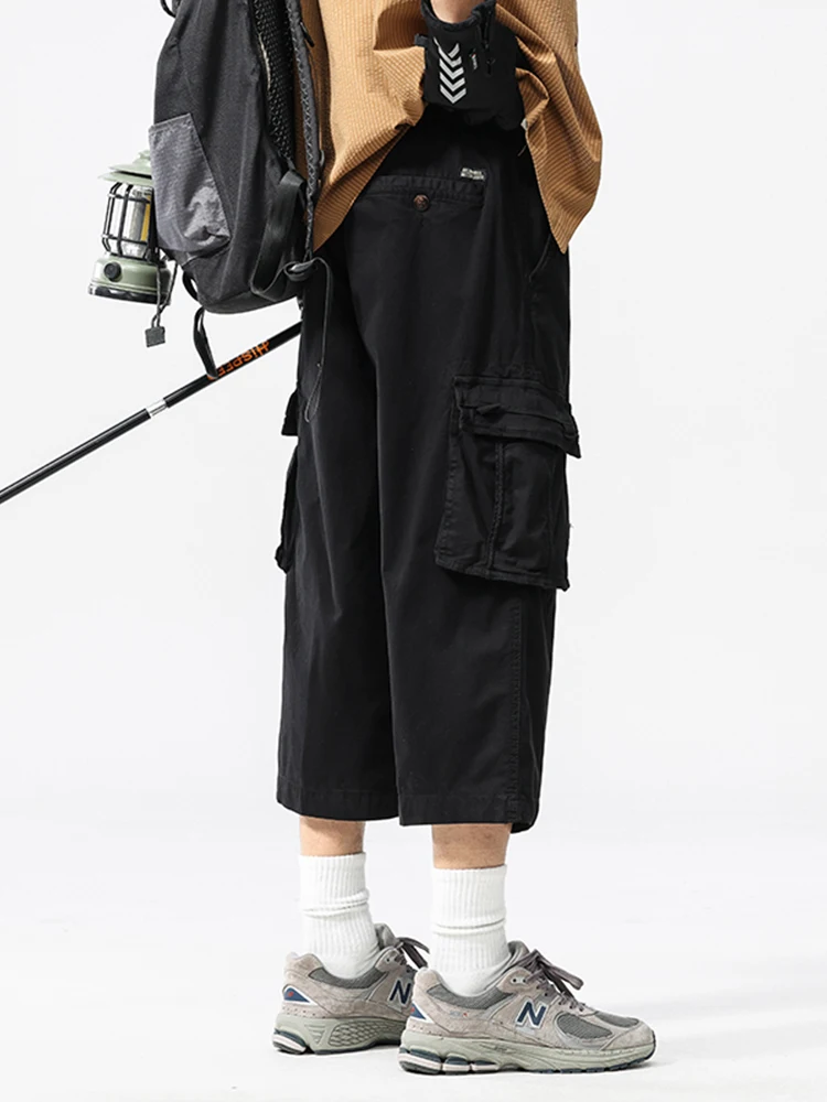 Summer Men's Calf-Length Cargo Pants Multi-Pockets Washed Cotton Straight Capris Pants Elastic Waist Workwear Loose Fit Trousers