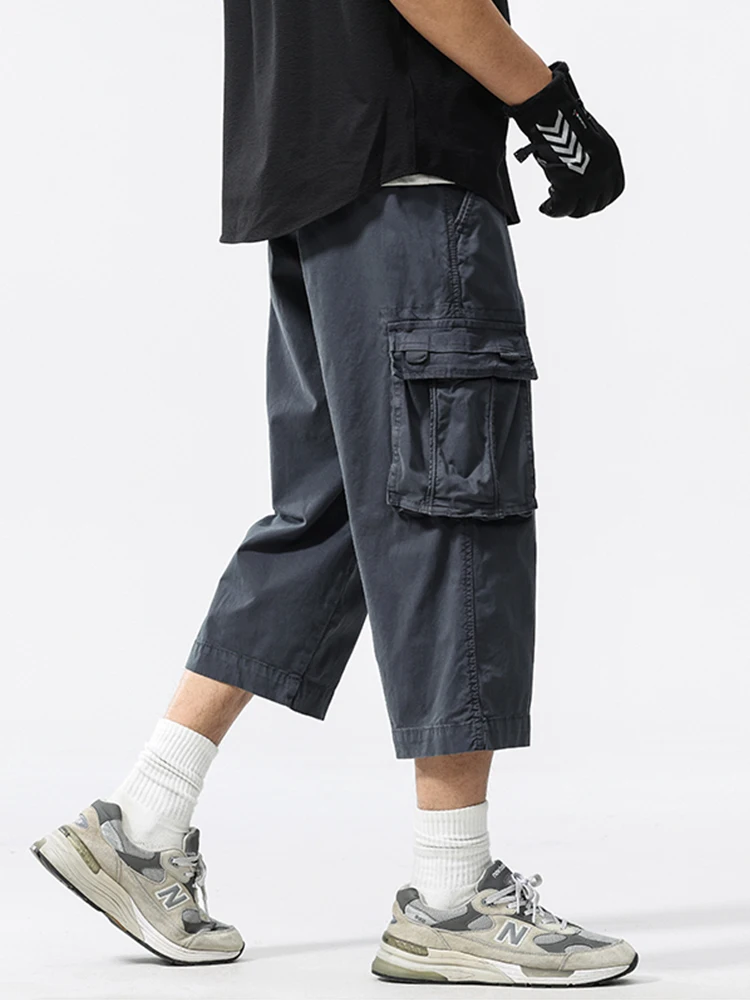 Summer Men's Calf-Length Cargo Pants Multi-Pockets Washed Cotton Straight Capris Pants Elastic Waist Workwear Loose Fit Trousers