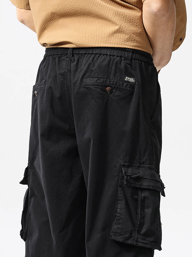 Summer Men's Calf-Length Cargo Pants Multi-Pockets Washed Cotton Straight Capris Pants Elastic Waist Workwear Loose Fit Trousers