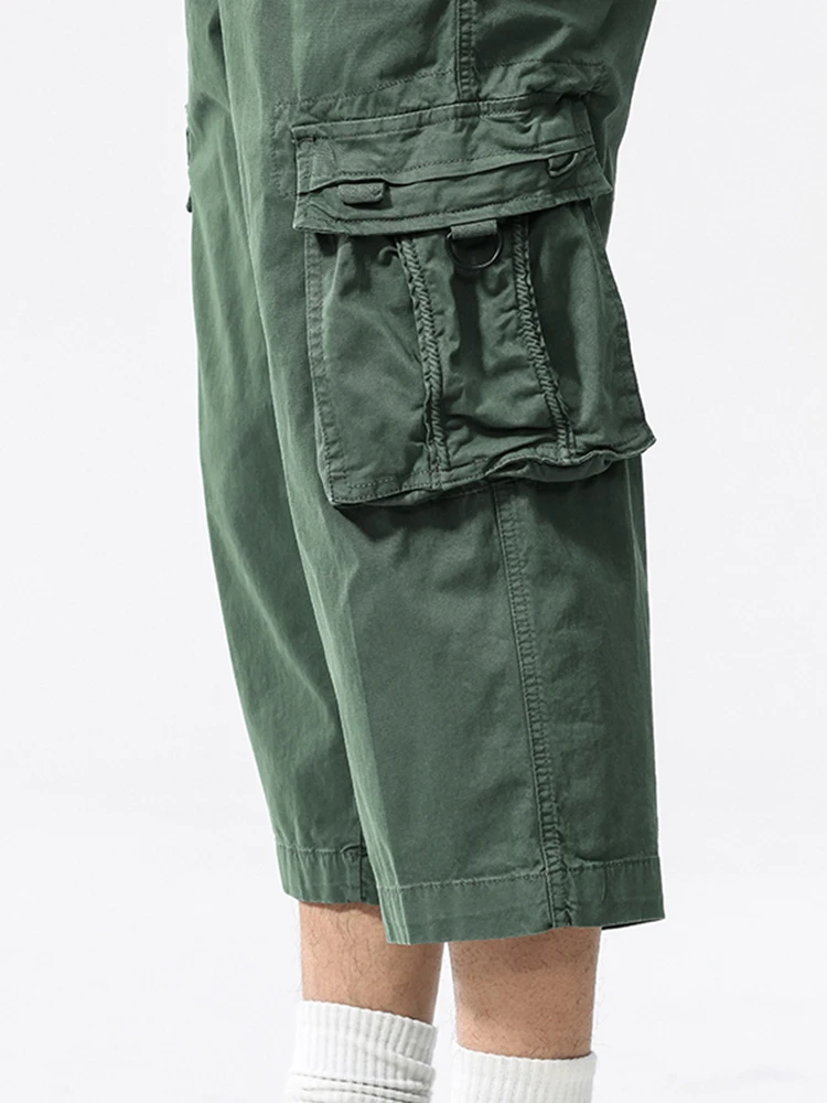Summer Men's Calf-Length Cargo Pants Multi-Pockets Washed Cotton Straight Capris Pants Elastic Waist Workwear Loose Fit Trousers