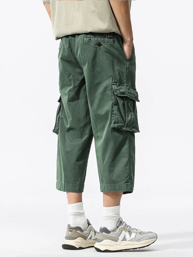 Summer Men's Calf-Length Cargo Pants Multi-Pockets Washed Cotton Straight Capris Pants Elastic Waist Workwear Loose Fit Trousers