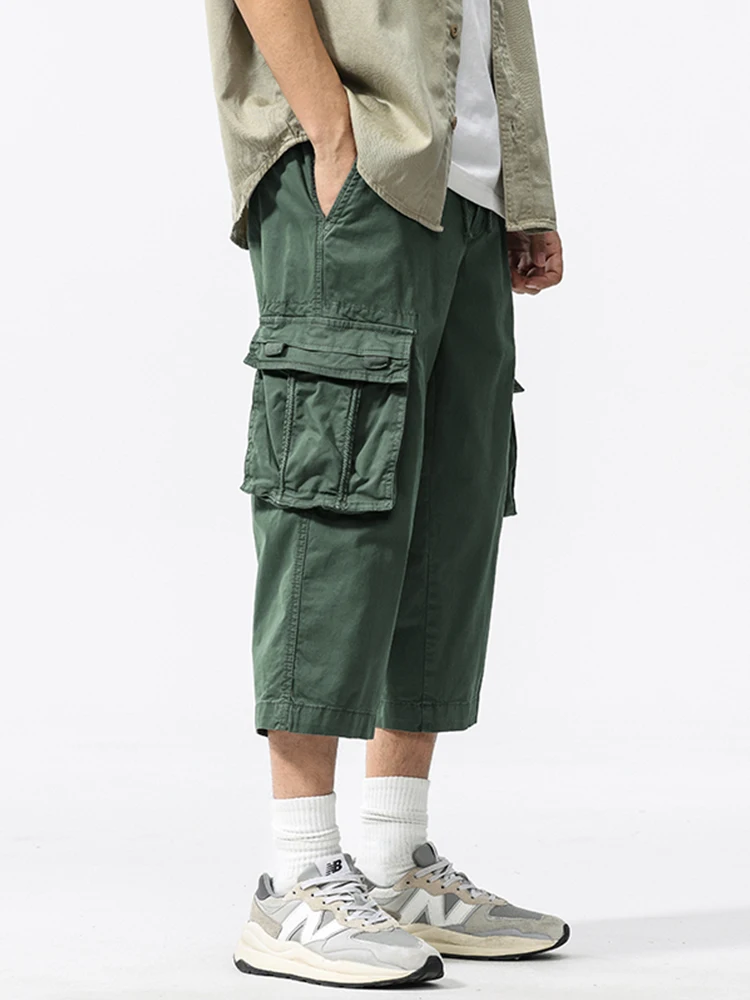Summer Men's Calf-Length Cargo Pants Multi-Pockets Washed Cotton Straight Capris Pants Elastic Waist Workwear Loose Fit Trousers
