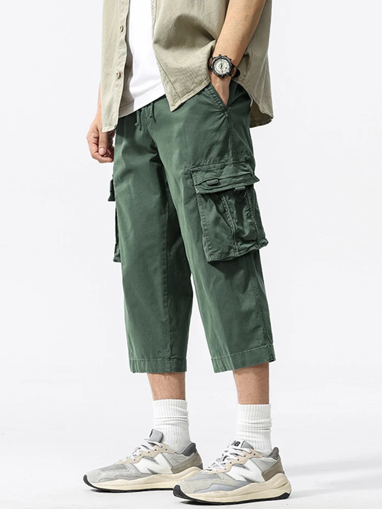 Summer Men's Calf-Length Cargo Pants Multi-Pockets Washed Cotton Straight Capris Pants Elastic Waist Workwear Loose Fit Trousers