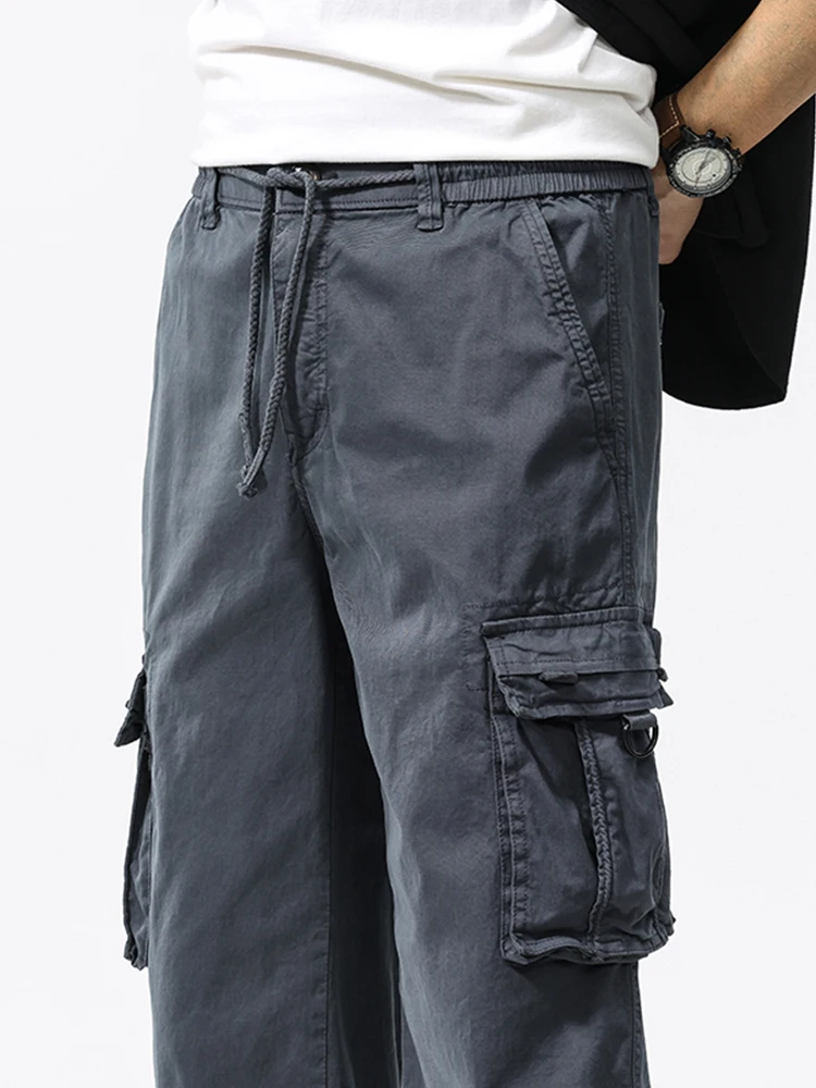 Summer Men's Calf-Length Cargo Pants Multi-Pockets Washed Cotton Straight Capris Pants Elastic Waist Workwear Loose Fit Trousers