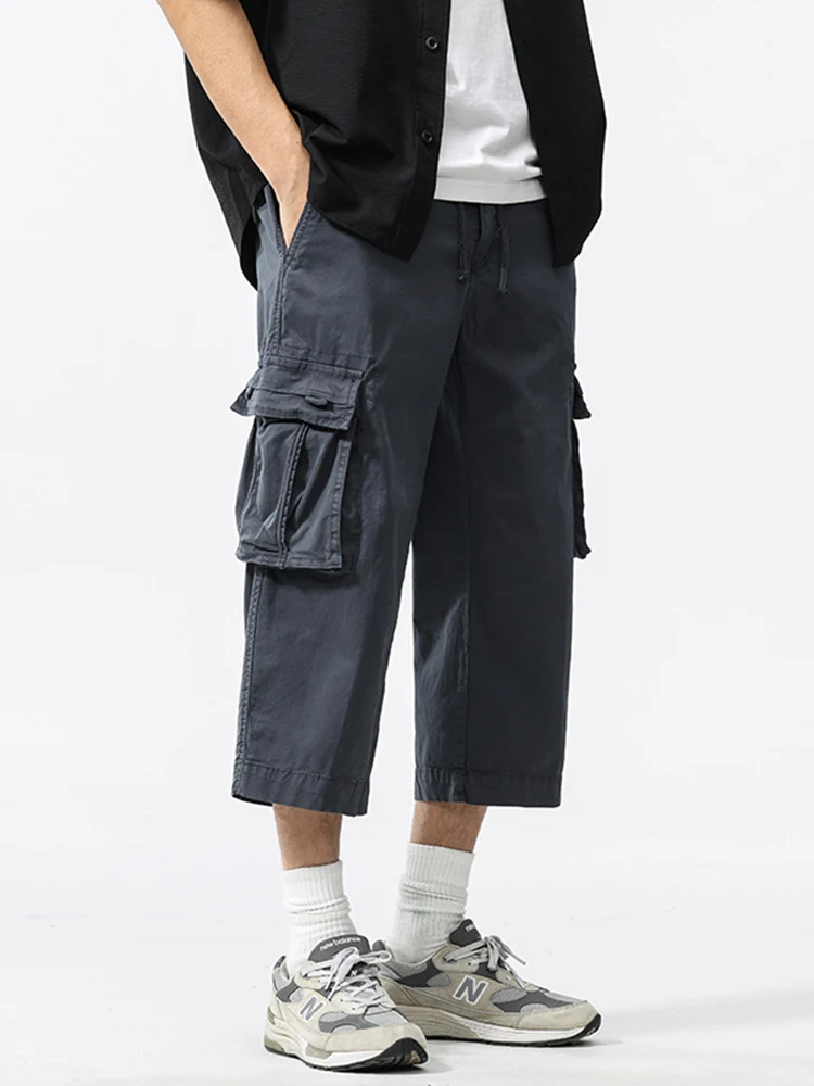 Summer Men's Calf-Length Cargo Pants Multi-Pockets Washed Cotton Straight Capris Pants Elastic Waist Workwear Loose Fit Trousers