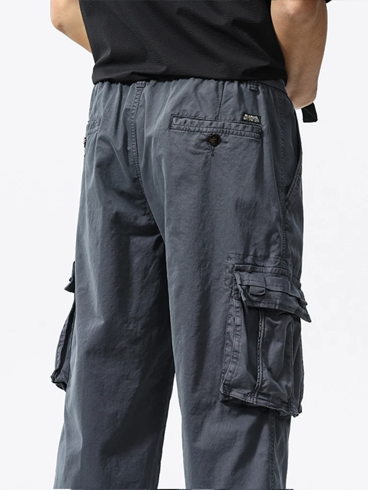 Summer Men's Calf-Length Cargo Pants Multi-Pockets Washed Cotton Straight Capris Pants Elastic Waist Workwear Loose Fit Trousers