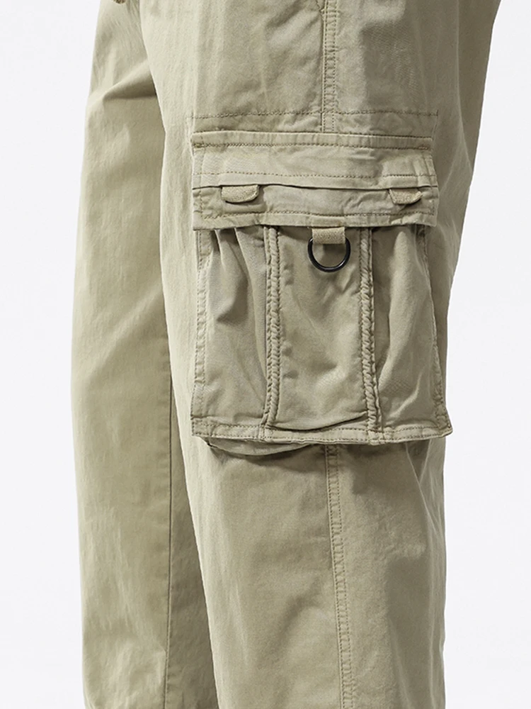 Summer Men's Calf-Length Cargo Pants Multi-Pockets Washed Cotton Straight Capris Pants Elastic Waist Workwear Loose Fit Trousers