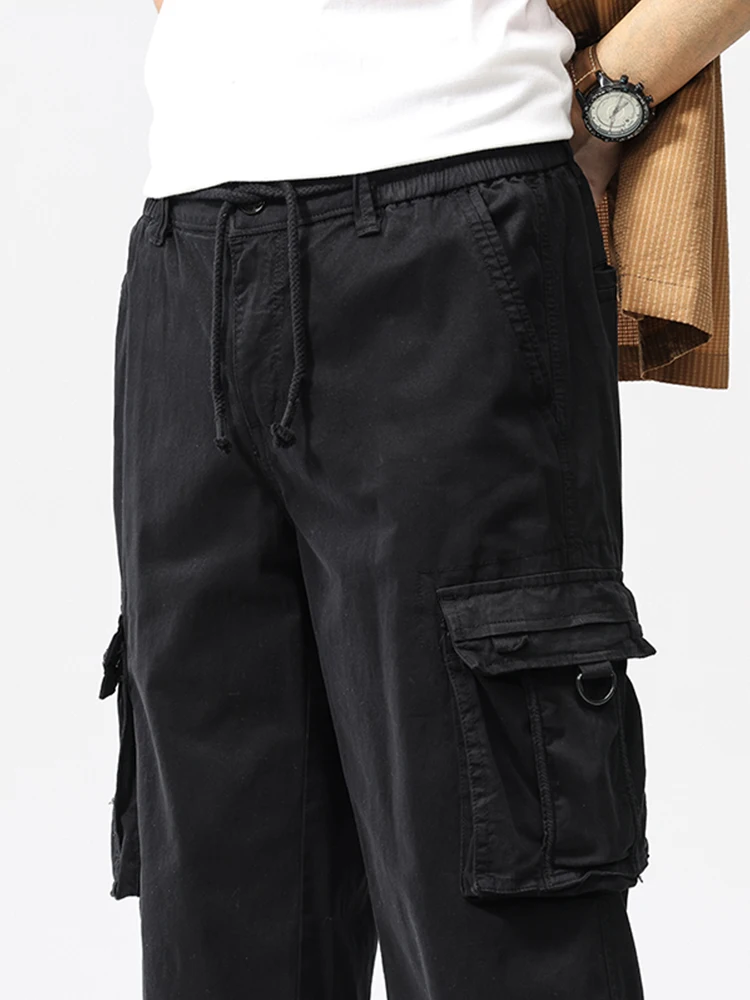 Summer Men's Calf-Length Cargo Pants Multi-Pockets Washed Cotton Straight Capris Pants Elastic Waist Workwear Loose Fit Trousers