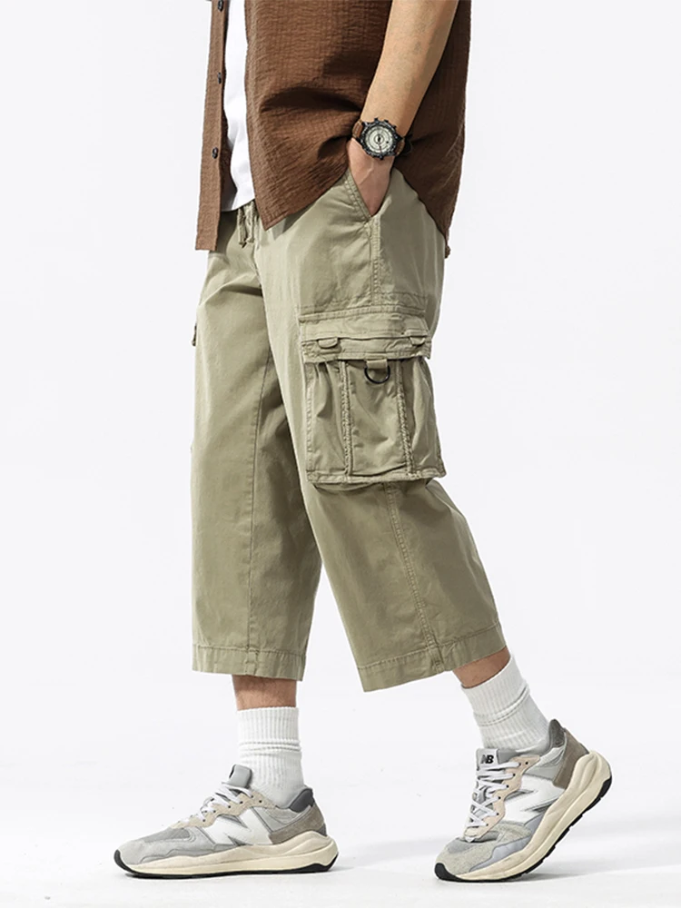 Summer Men's Calf-Length Cargo Pants Multi-Pockets Washed Cotton Straight Capris Pants Elastic Waist Workwear Loose Fit Trousers