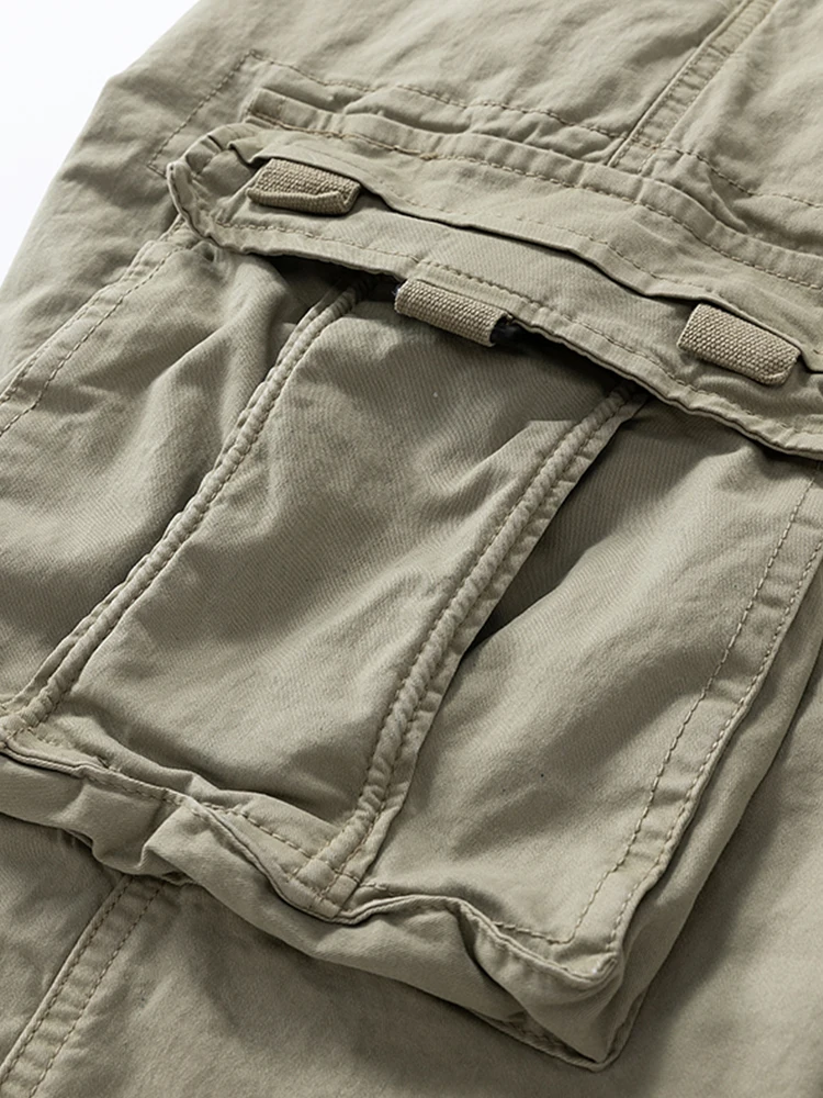 Summer Men's Calf-Length Cargo Pants Multi-Pockets Washed Cotton Straight Capris Pants Elastic Waist Workwear Loose Fit Trousers
