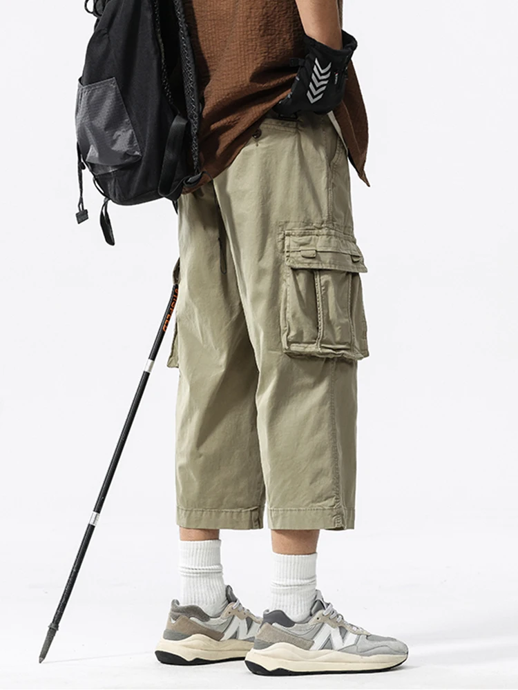 Summer Men's Calf-Length Cargo Pants Multi-Pockets Washed Cotton Straight Capris Pants Elastic Waist Workwear Loose Fit Trousers