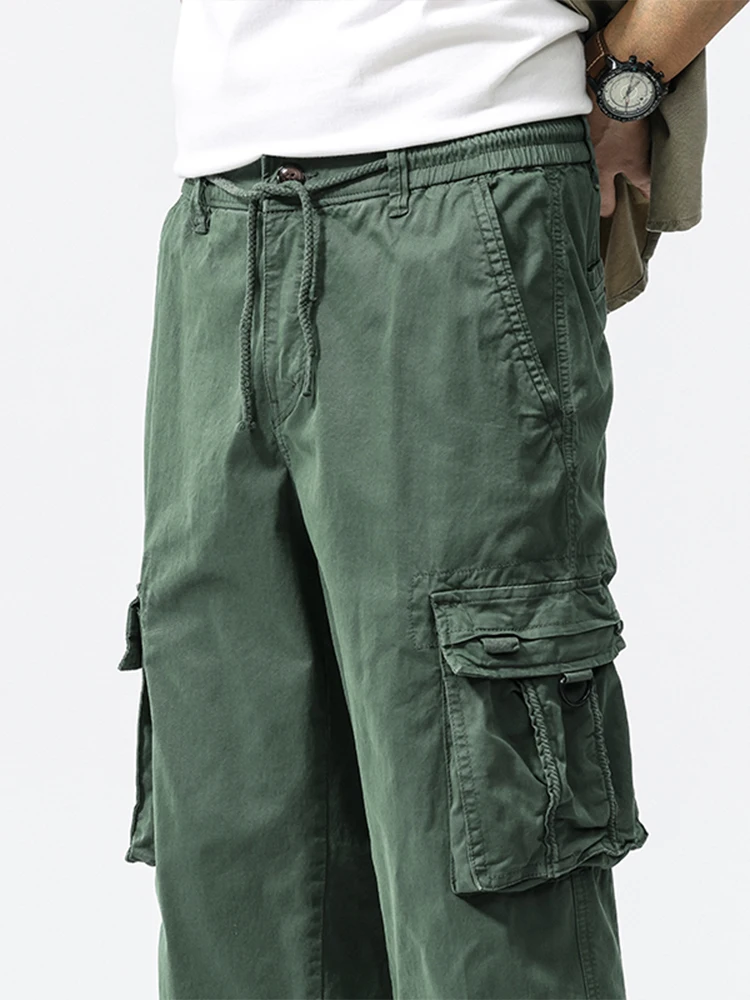 Summer Men's Calf-Length Cargo Pants Multi-Pockets Washed Cotton Straight Capris Pants Elastic Waist Workwear Loose Fit Trousers