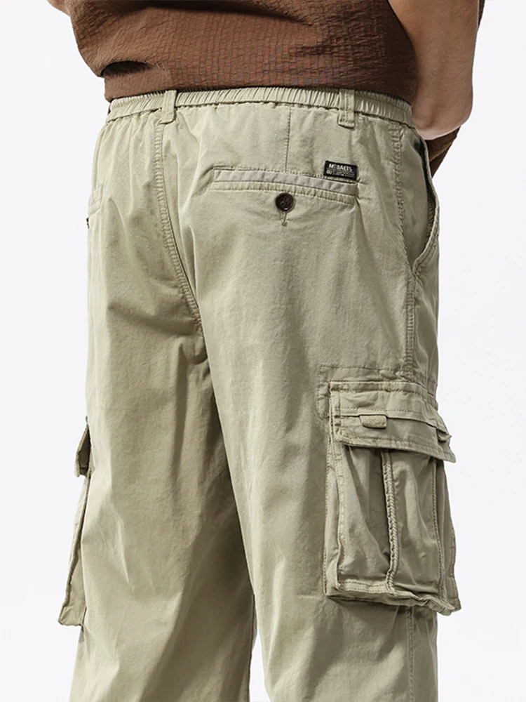 Summer Men's Calf-Length Cargo Pants Multi-Pockets Washed Cotton Straight Capris Pants Elastic Waist Workwear Loose Fit Trousers