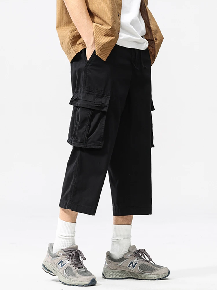 Summer Men's Calf-Length Cargo Pants Multi-Pockets Washed Cotton Straight Capris Pants Elastic Waist Workwear Loose Fit Trousers