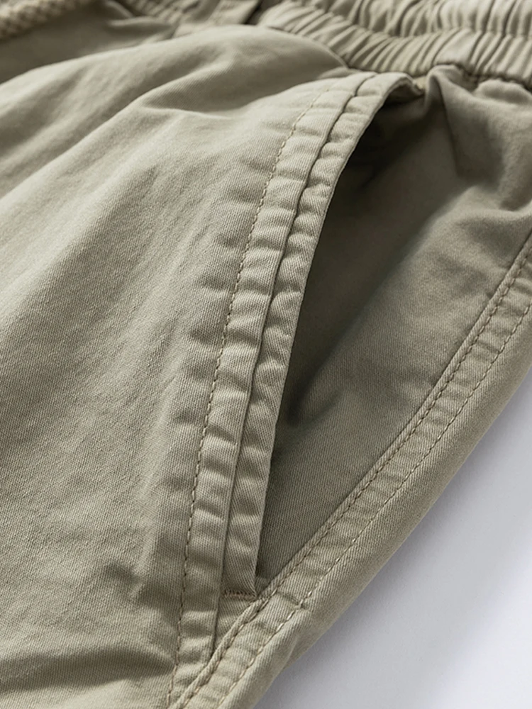 Summer Men's Calf-Length Cargo Pants Multi-Pockets Washed Cotton Straight Capris Pants Elastic Waist Workwear Loose Fit Trousers