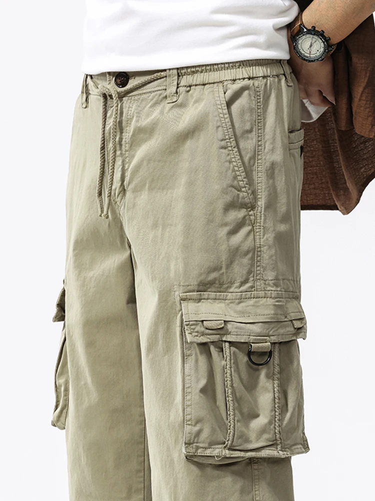 Summer Men's Calf-Length Cargo Pants Multi-Pockets Washed Cotton Straight Capris Pants Elastic Waist Workwear Loose Fit Trousers