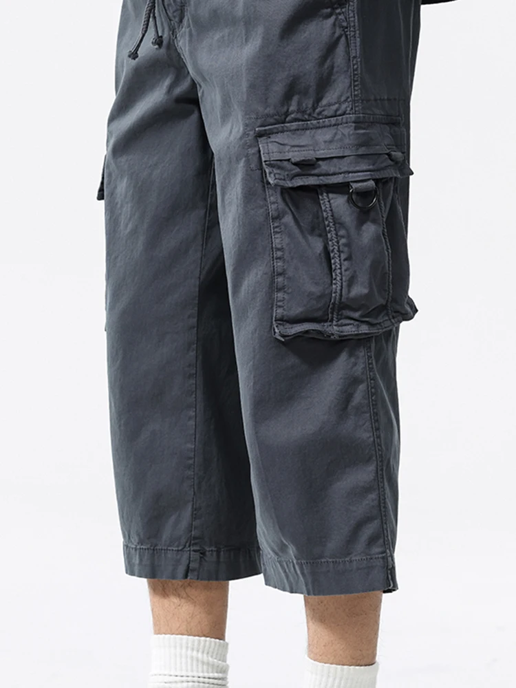 Summer Men's Calf-Length Cargo Pants Multi-Pockets Washed Cotton Straight Capris Pants Elastic Waist Workwear Loose Fit Trousers