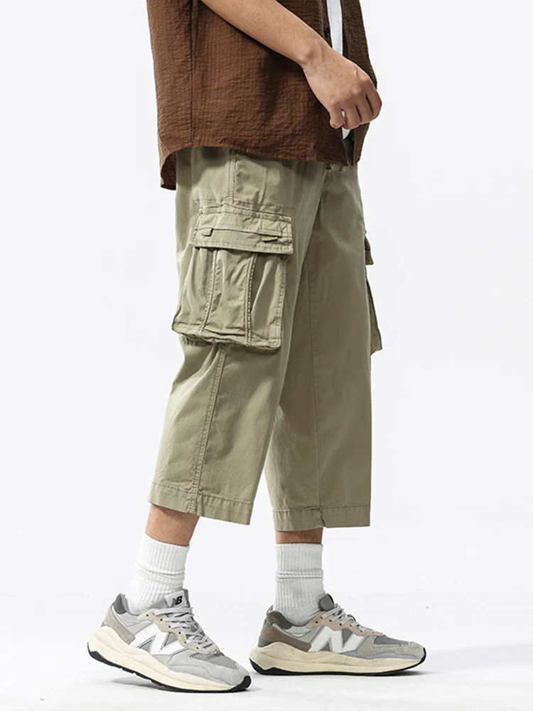 Summer Men's Calf-Length Cargo Pants Multi-Pockets Washed Cotton Straight Capris Pants Elastic Waist Workwear Loose Fit Trousers