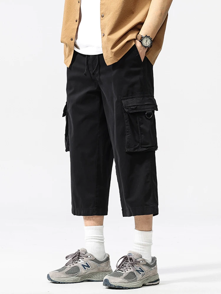Summer Men's Calf-Length Cargo Pants Multi-Pockets Washed Cotton Straight Capris Pants Elastic Waist Workwear Loose Fit Trousers