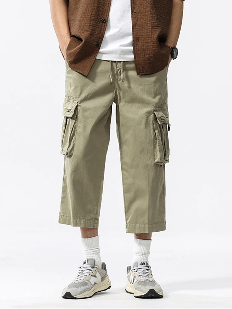 Summer Men's Calf-Length Cargo Pants Multi-Pockets Washed Cotton Straight Capris Pants Elastic Waist Workwear Loose Fit Trousers