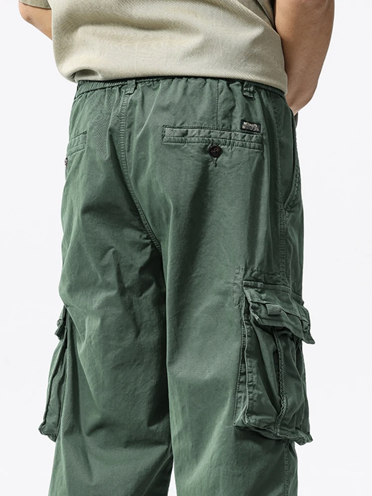 Summer Men's Calf-Length Cargo Pants Multi-Pockets Washed Cotton Straight Capris Pants Elastic Waist Workwear Loose Fit Trousers