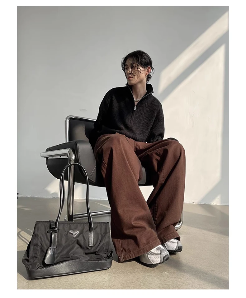 Mauroicardi Autumn Grey Flowy Baggy Wide Leg Pants for Mens Floor Length Fashion Clothing Loose Casual Dark Brown Trousers 2023