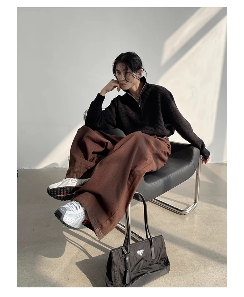 Mauroicardi Autumn Grey Flowy Baggy Wide Leg Pants for Mens Floor Length Fashion Clothing Loose Casual Dark Brown Trousers 2023