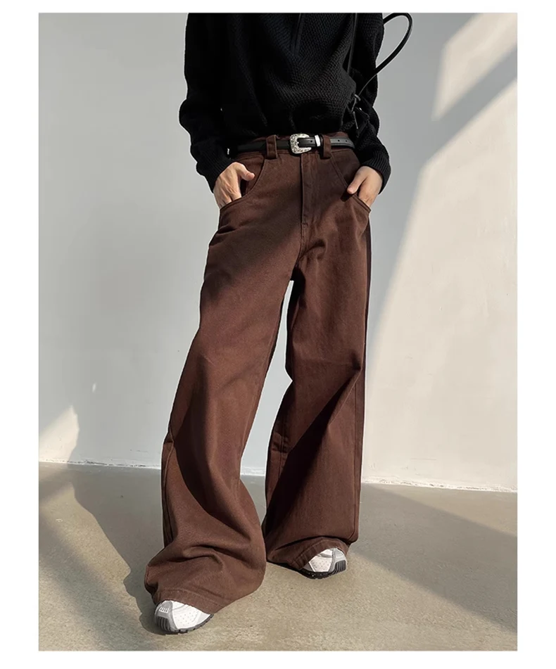 Mauroicardi Autumn Grey Flowy Baggy Wide Leg Pants for Mens Floor Length Fashion Clothing Loose Casual Dark Brown Trousers 2023