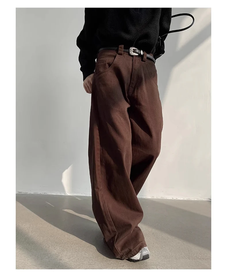 Mauroicardi Autumn Grey Flowy Baggy Wide Leg Pants for Mens Floor Length Fashion Clothing Loose Casual Dark Brown Trousers 2023