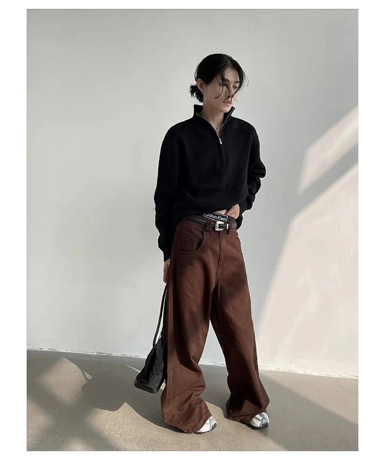Mauroicardi Autumn Grey Flowy Baggy Wide Leg Pants for Mens Floor Length Fashion Clothing Loose Casual Dark Brown Trousers 2023