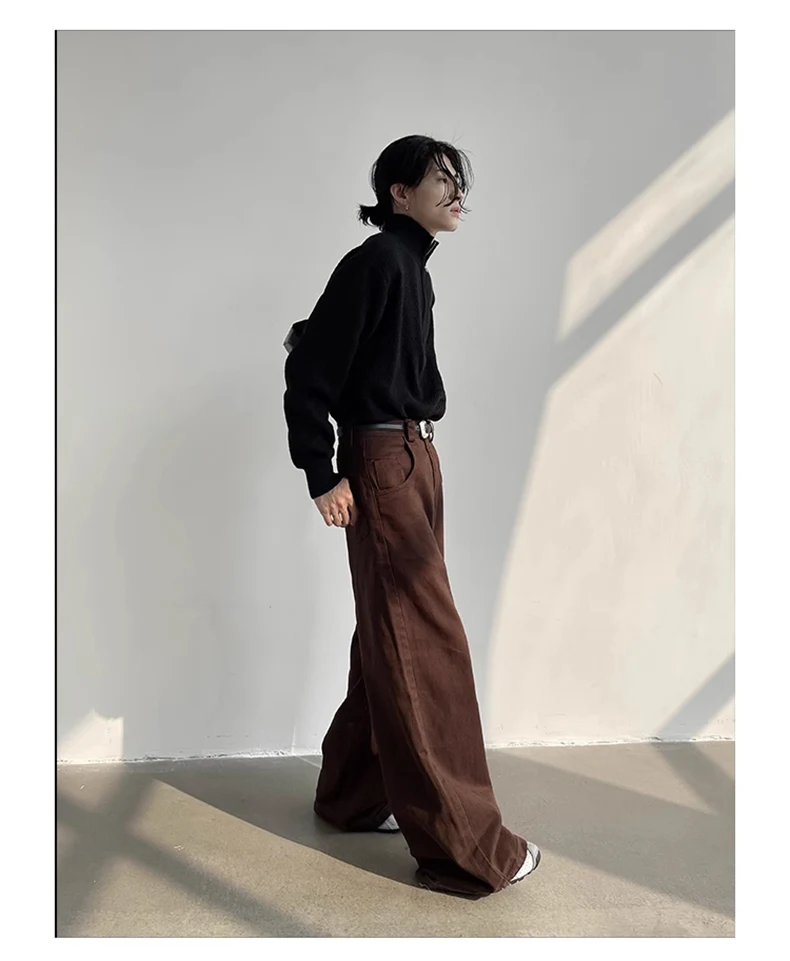 Mauroicardi Autumn Grey Flowy Baggy Wide Leg Pants for Mens Floor Length Fashion Clothing Loose Casual Dark Brown Trousers 2023