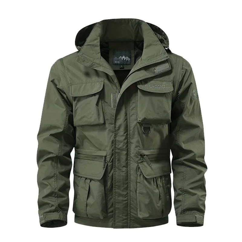 Men Outdoors Hooded Multiple Pockets Safari Style Jackets New Spring Autumn Male Traveling Windproof Waterproof Jackets Coats 5X