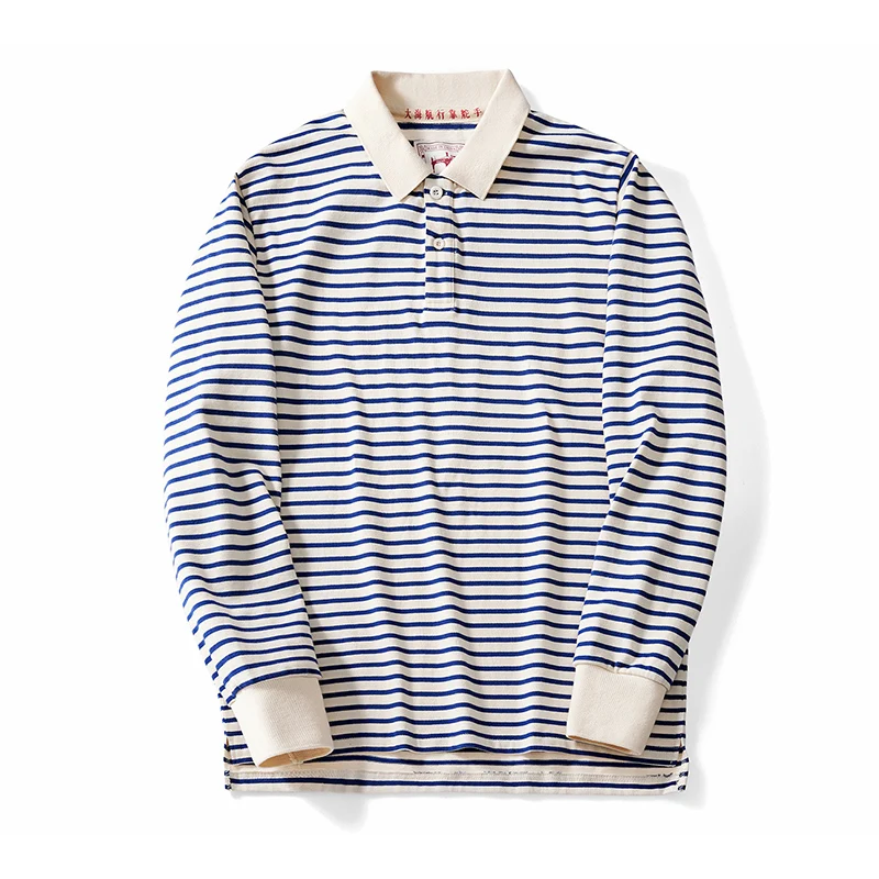 Autumn New Long Sleeve Polo Shirt Men Japanese Retro Loose Combed Cotton Striped Shirts Casual Streetwear Lapel Tops Oversize