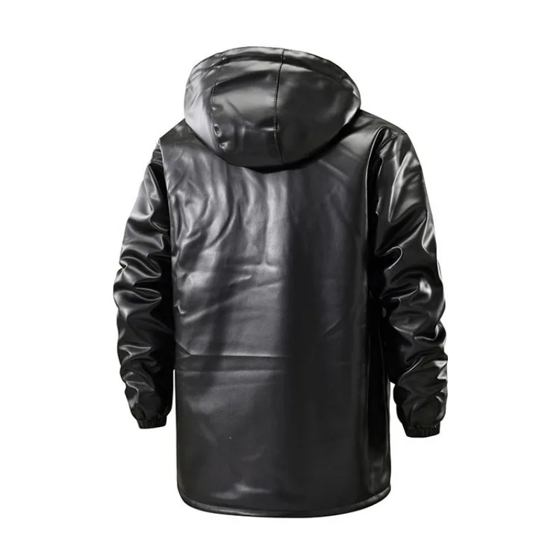 KIDWHXR Man Autumn Winter Thicken Fleece Windproof Men Leather Jacket Retro Mid Length Long Sleeve Versatile Male Outerwear