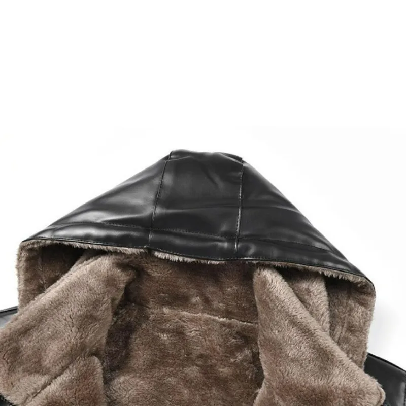 KIDWHXR Man Autumn Winter Thicken Fleece Windproof Men Leather Jacket Retro Mid Length Long Sleeve Versatile Male Outerwear