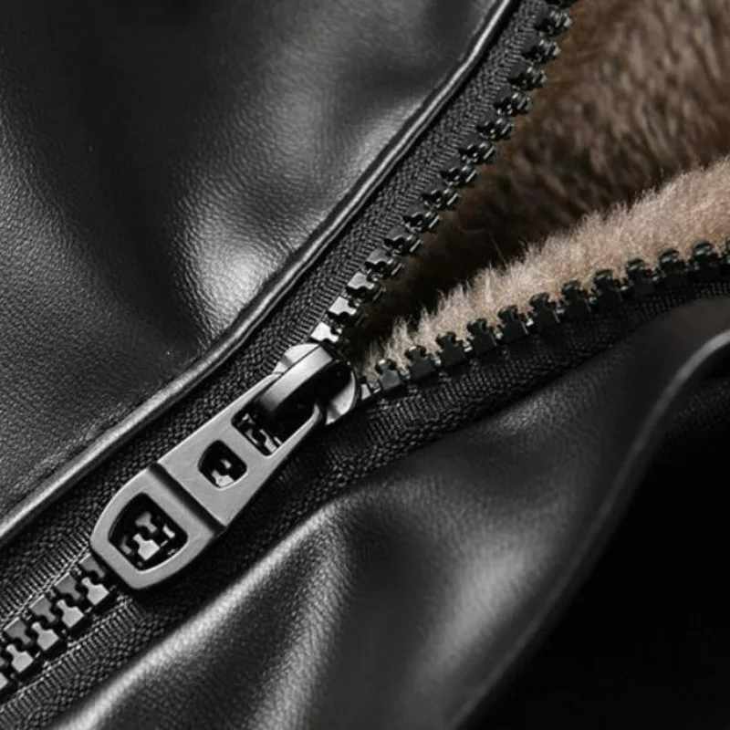 KIDWHXR Man Autumn Winter Thicken Fleece Windproof Men Leather Jacket Retro Mid Length Long Sleeve Versatile Male Outerwear