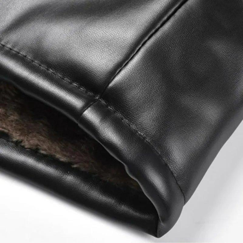 KIDWHXR Man Autumn Winter Thicken Fleece Windproof Men Leather Jacket Retro Mid Length Long Sleeve Versatile Male Outerwear