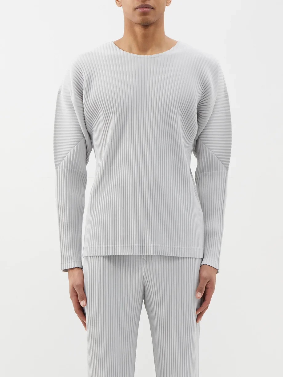 Miyake Pleated Long Sleeve T Shirt Men Loose Casual Round Neck Top Japanese Fashion Daily Wear