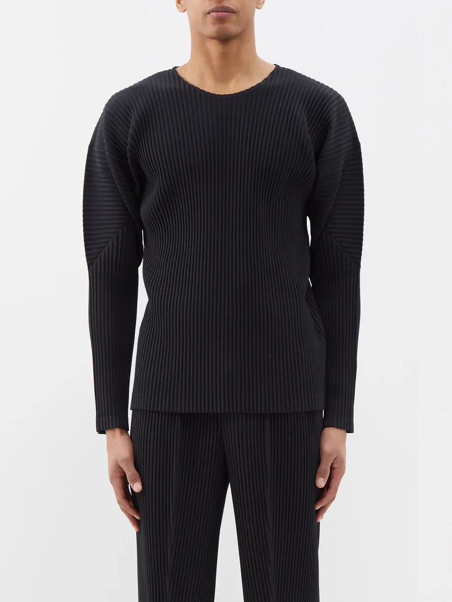 Miyake Pleated Long Sleeve T Shirt Men Loose Casual Round Neck Top Japanese Fashion Daily Wear